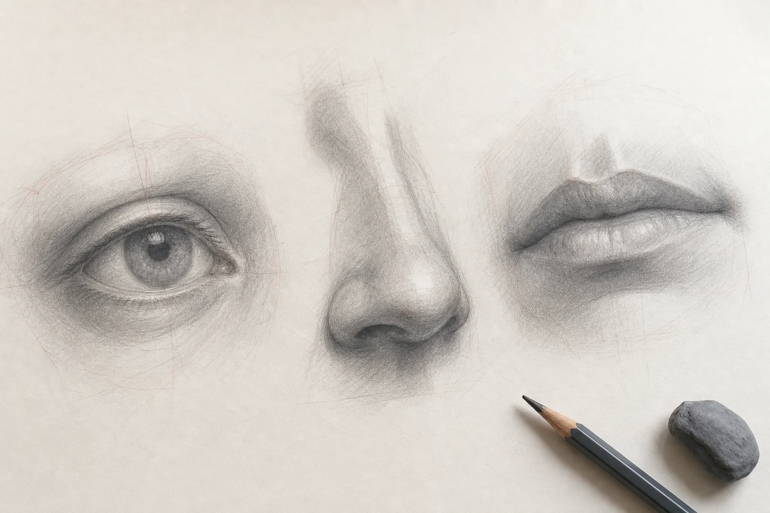 Grafietstudies van een oog, neus en mond met zichtbare lichte en donkere vlakken