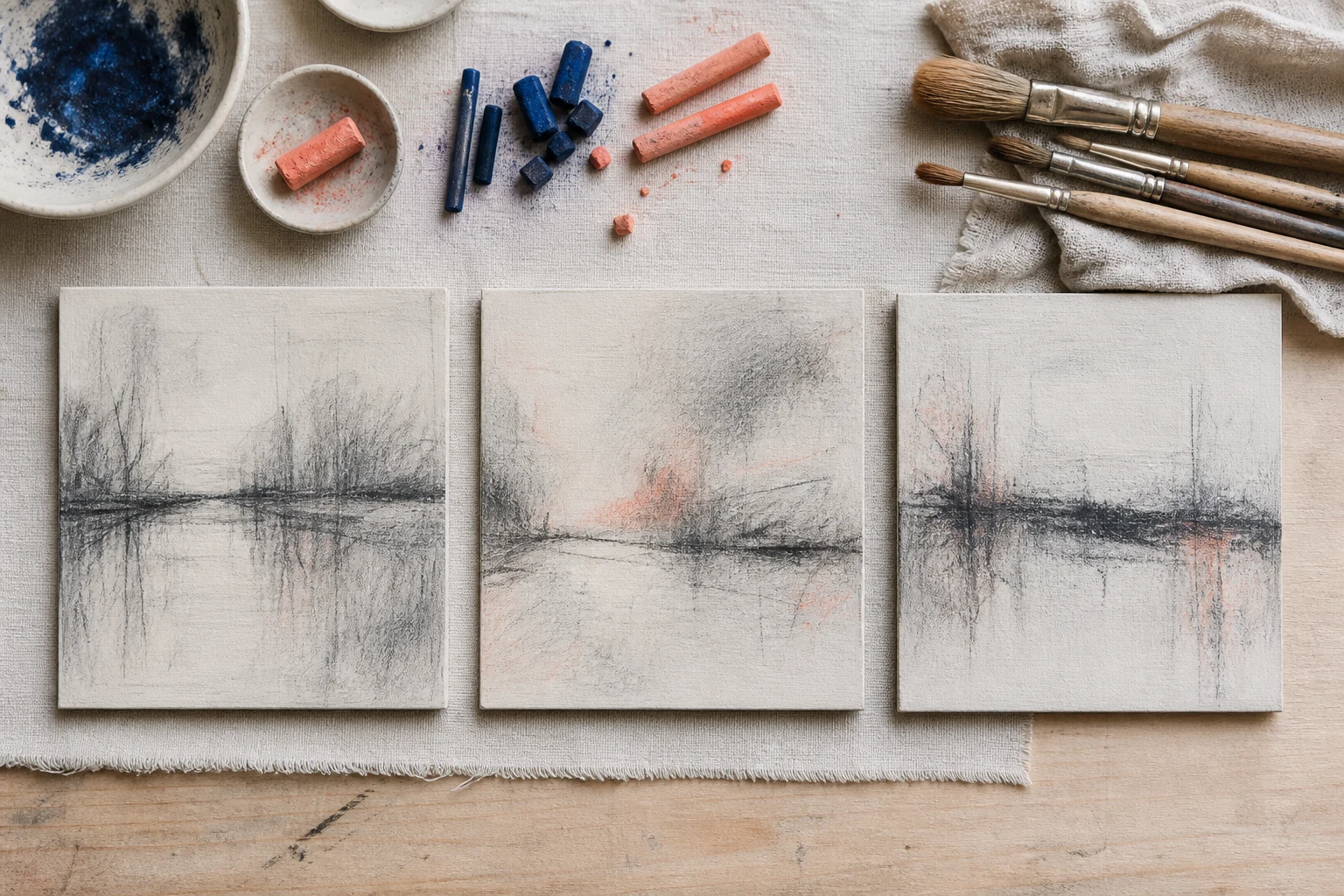 Overzicht van een werkbank met drie deelstudies, schetsen, pigment en penselen tijdens het ontwerpen van een drieluik