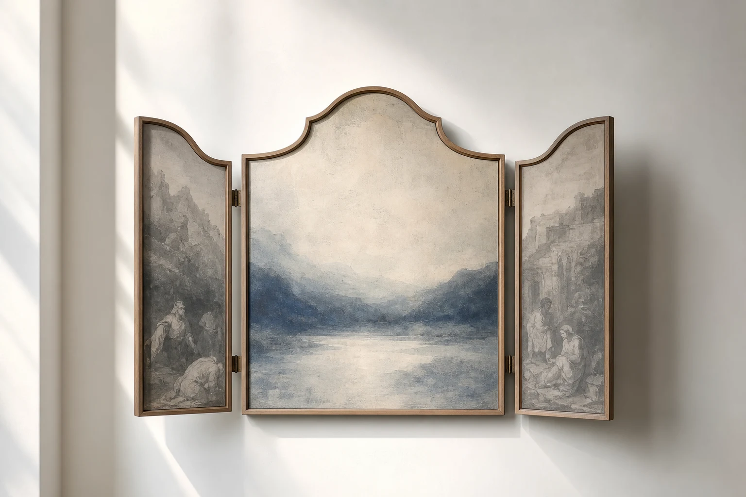 Drie panelen aan een witte museumwand waarvan de zijluiken licht geopend zijn, als een opengeklapt drieluik