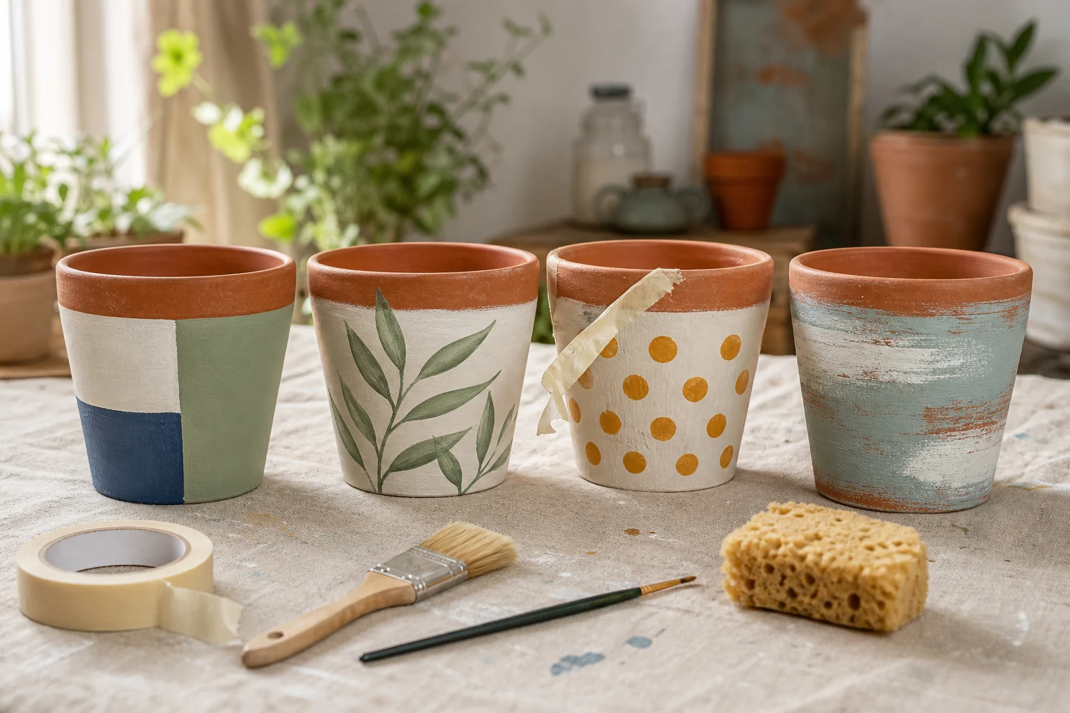 Vier terracotta potten met kleurvlakken botanische lijnen stippen en een verweerde afwerking