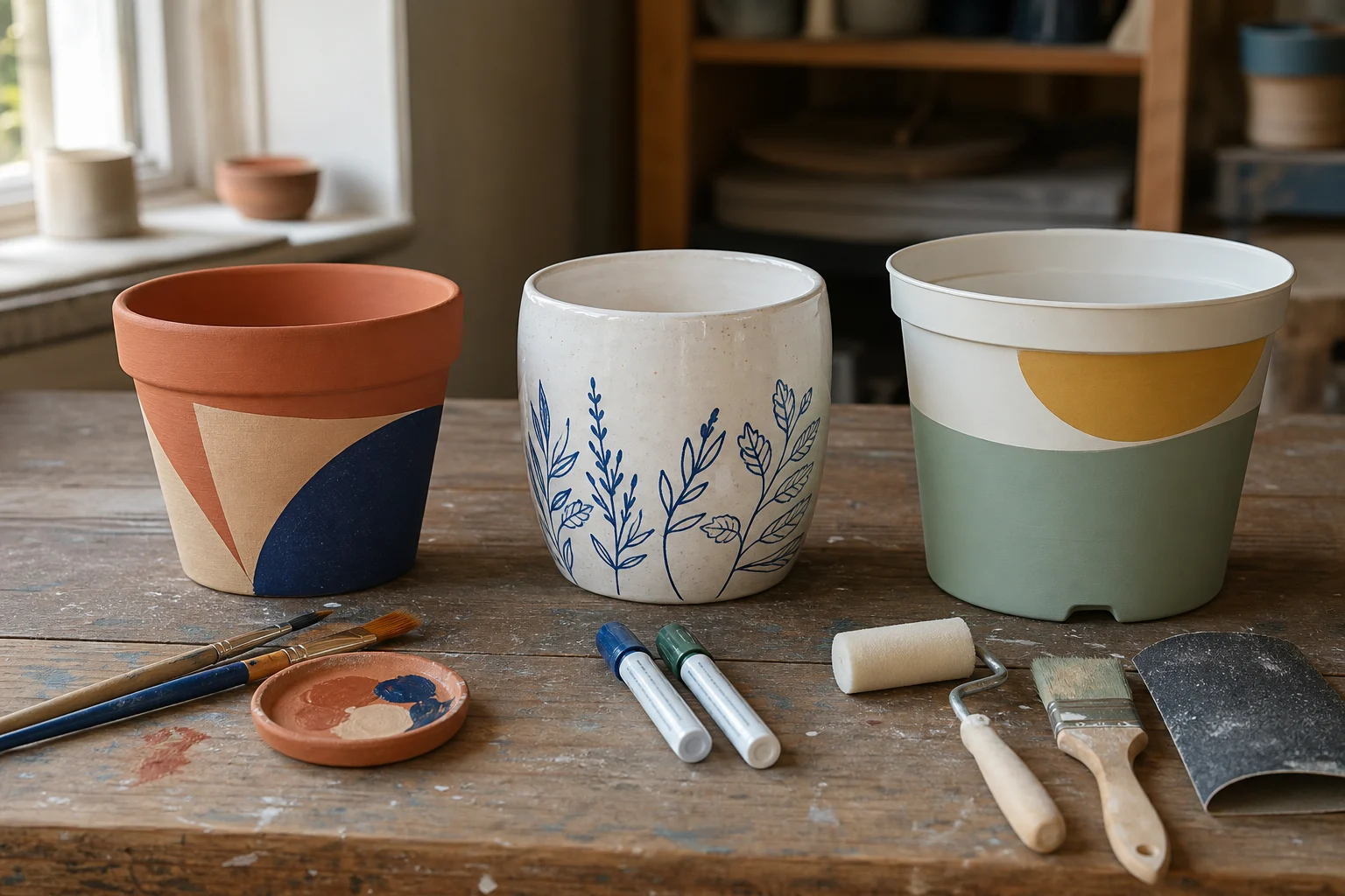 Terracotta keramische en kunststof bloempot met voor elk materiaal passend schildergereedschap