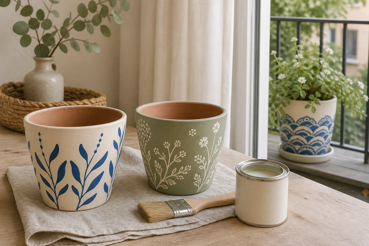 Afgewerkte beschilderde bloempotten met een pot beschermende coating en een buitenpot op een balkon