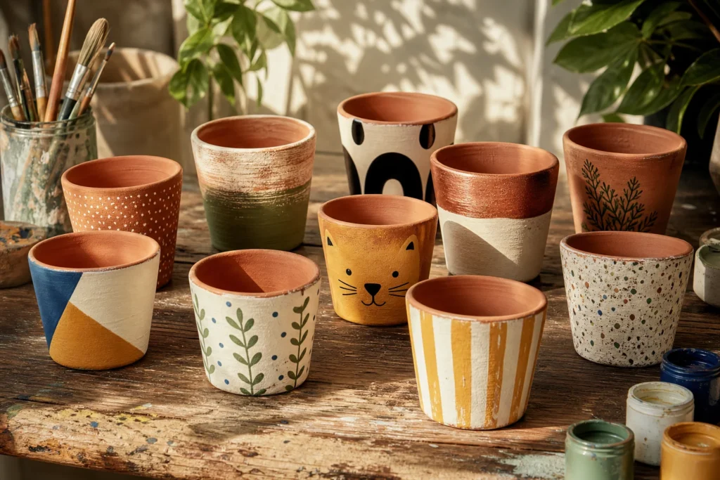 Tien handbeschilderde terracotta bloempotten met uiteenlopende patronen op een atelierwerkbank