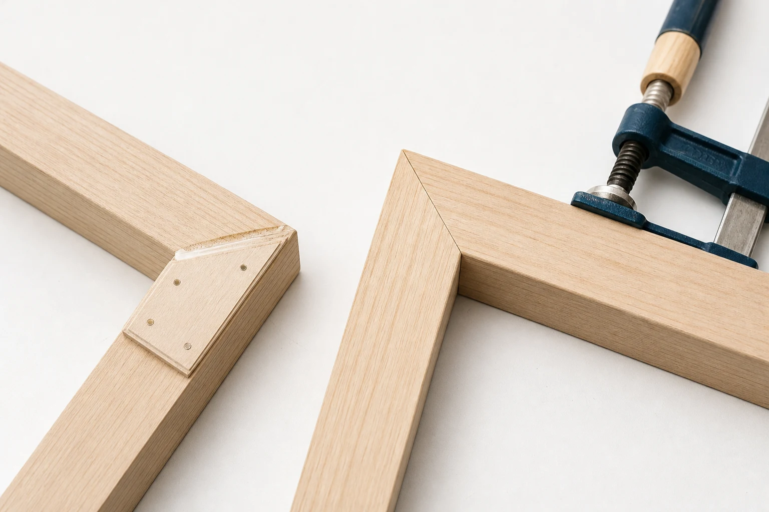 Twee houten hoekverbindingen: een rechte verbinding met achterplaat en een geklemd verstek