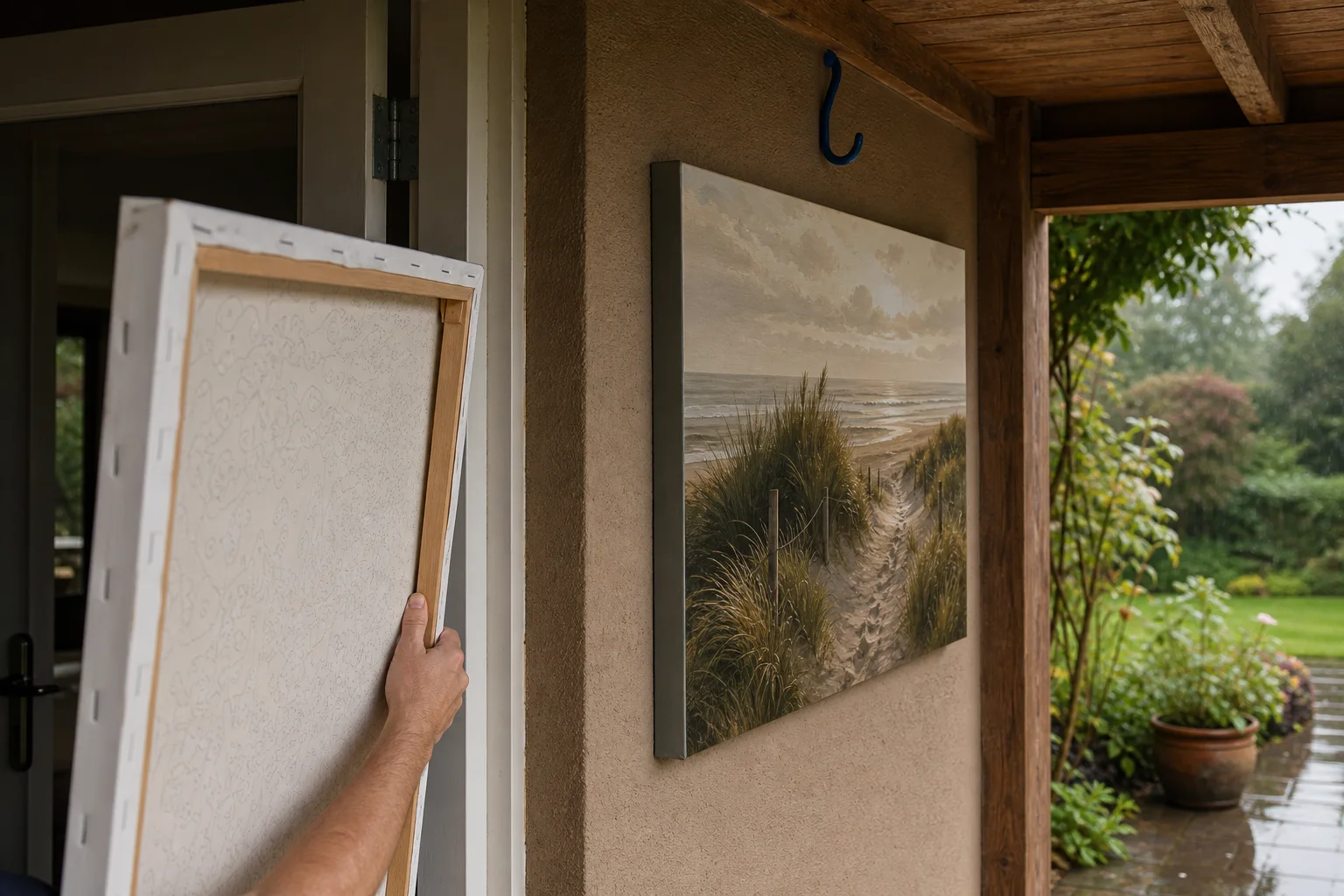 Standaard canvas dat naar binnen wordt gehaald naast een buitenbestendig paneel onder een afdak