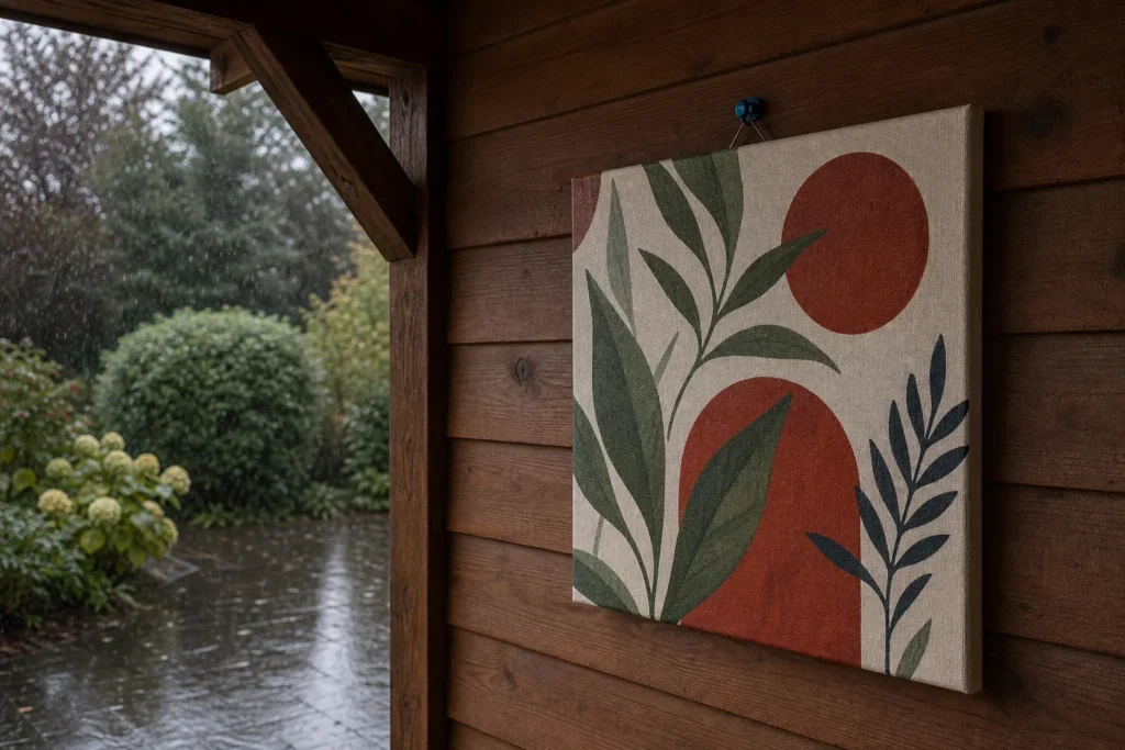 Canvas onder een houten afdak terwijl het buiten regent