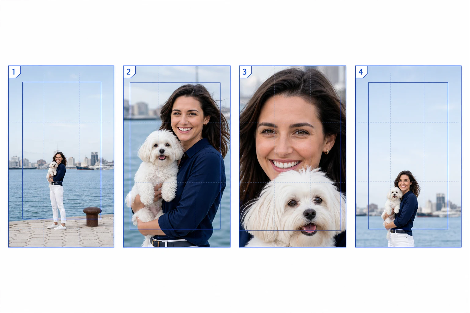 Vier uitsneden van hetzelfde portret met één duidelijk beste kader