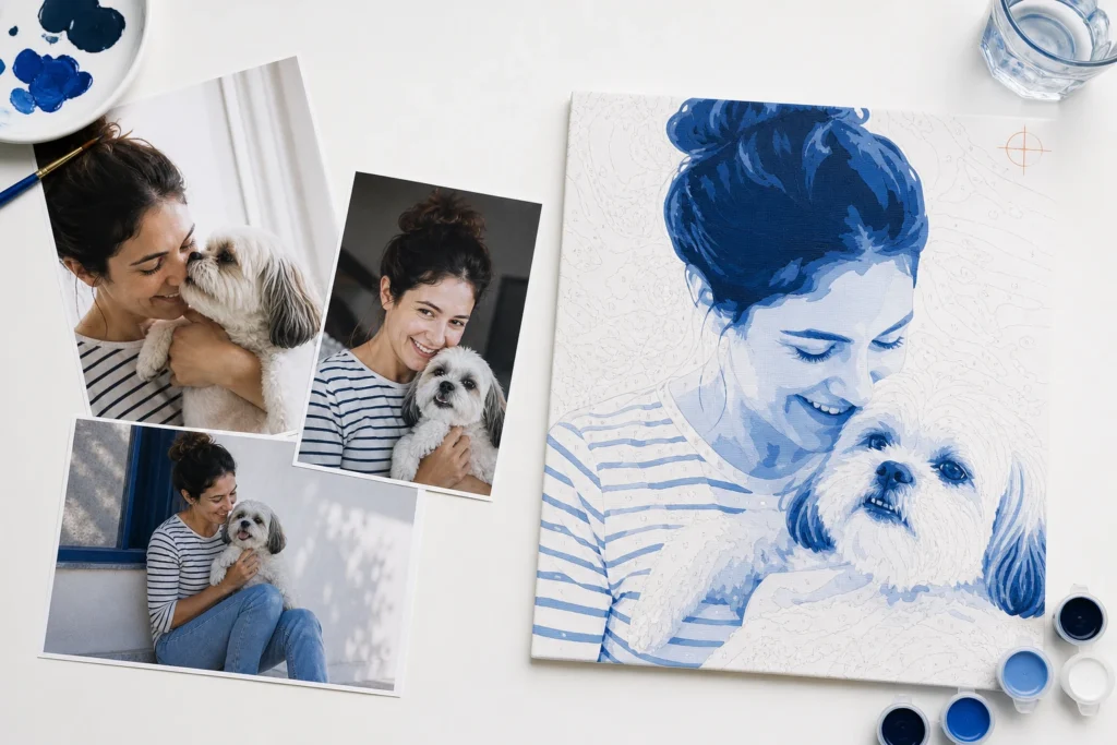 Selectie van drie foto's naast een genummerd portretcanvas