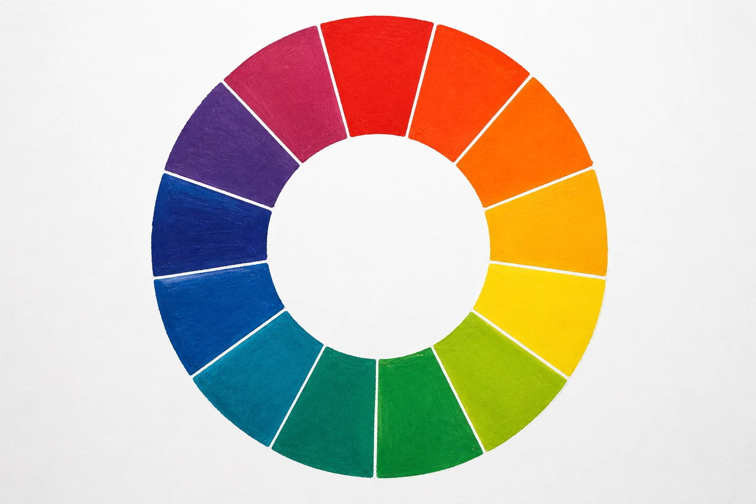 Kleurencirkel-studie op wit met een warme rood-geel-oranje helft en een koele blauw-groen-paars helft