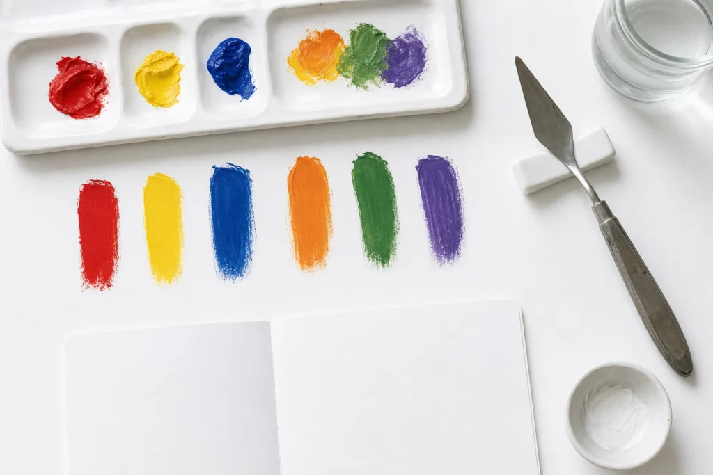 Helder wit mengatelier van boven gefotografeerd met opgestelde pigmentstroken primair rood geel en blauw een paletmes en een open receptenkaart op wit papier naast een studiehoek