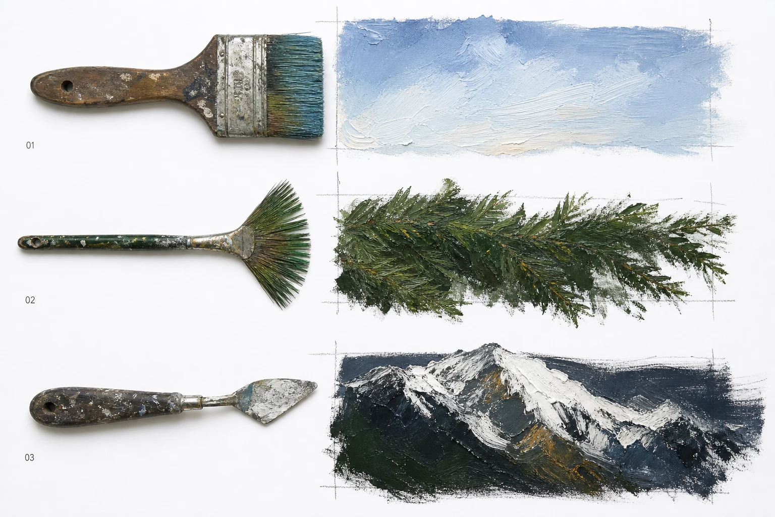 Bob Ross gereedschappen per taak met brede kwast waaierpenseel en paletmes