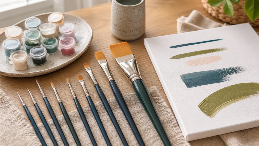 Verschillende acrylverfkwasten met verfpotjes en teststreken op canvas