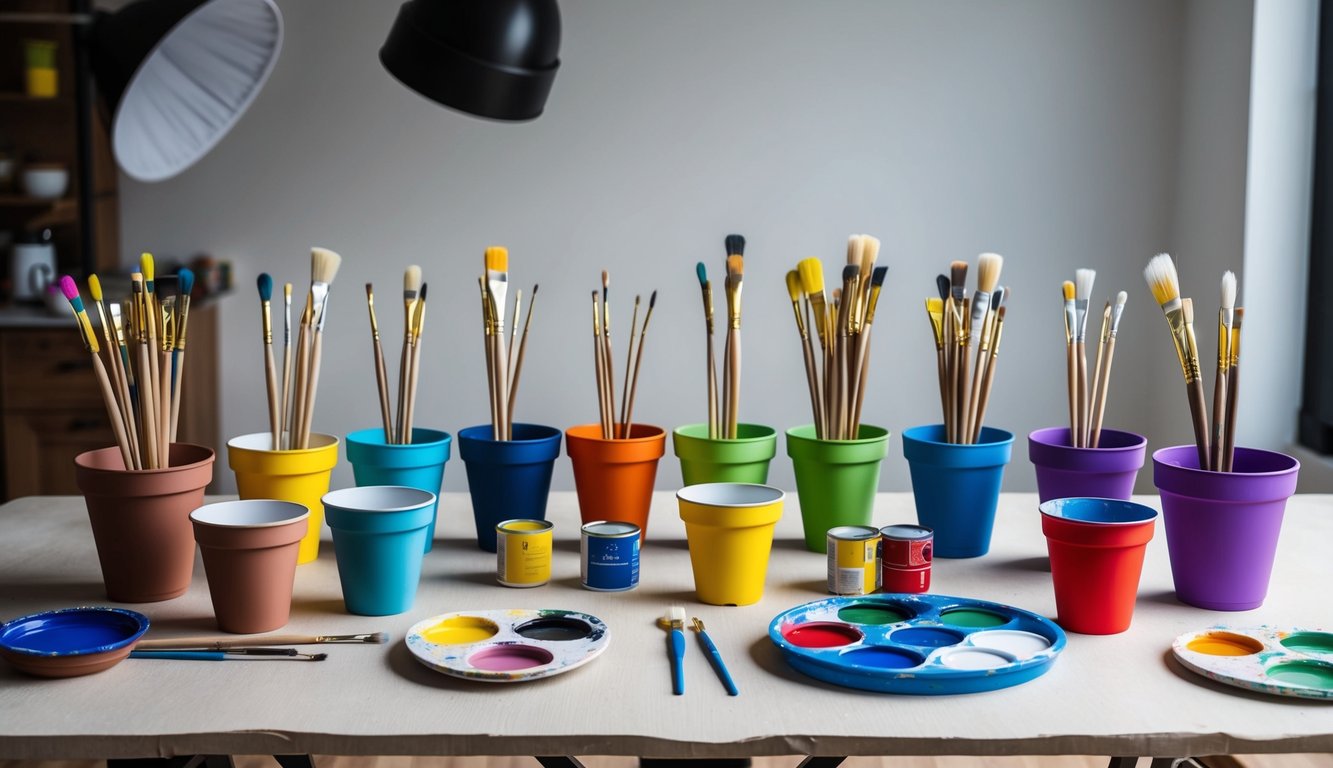 Diverse lege bloempotten met penselen, verfpaletten en kleurige verfcontainers