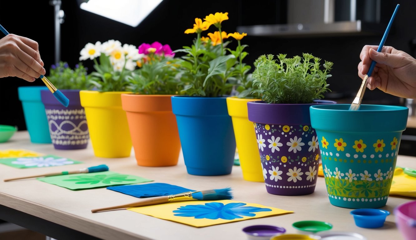 Kleurige bloempottenwerkzaamheden met diverse ontwerpen en patronen