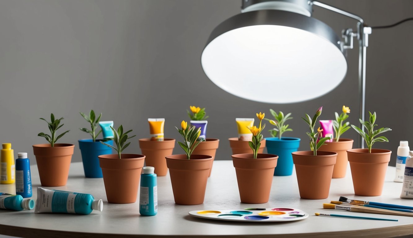 Tafel met verschillende verfsoorten en lege bloempotten