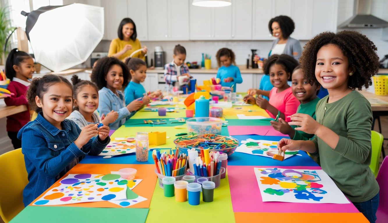 Een kleurrijke tafel vol kunstbenodigdheden, omringd door vrolijke kinderen en volwassenen die creatieve project werken