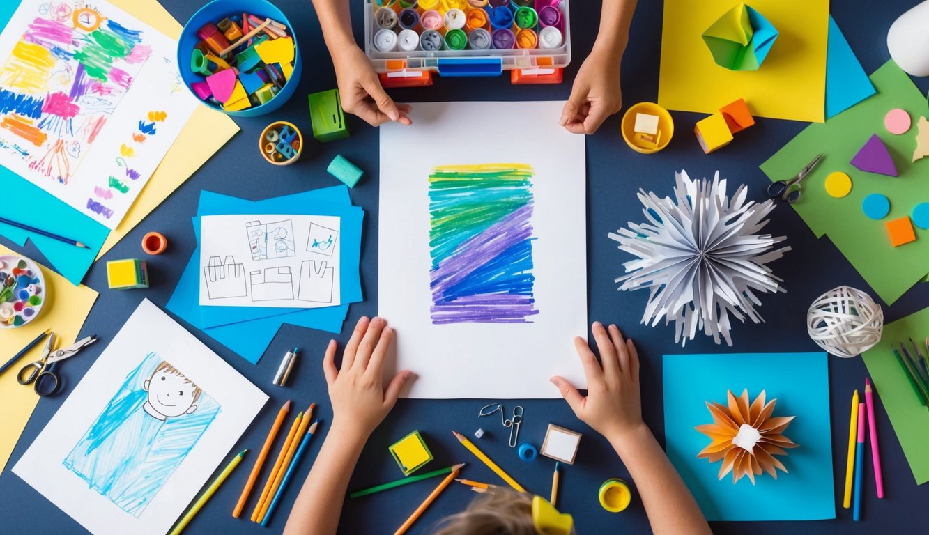 Een kleurrijke verzameling kunstbenodigdheden met afgeronde knutselprojecten die de voordelen van creativiteit tonen