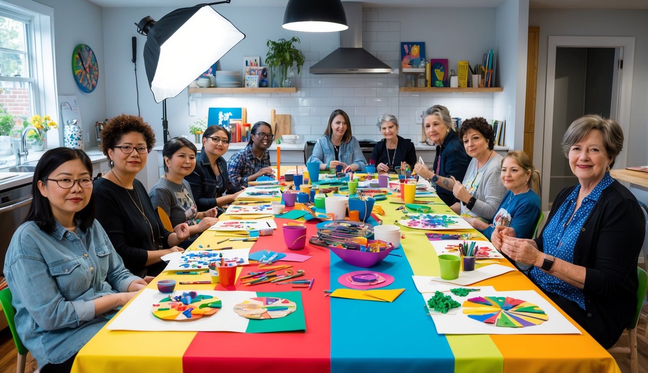 een kleurrijke tafel vol kunstbenodigdheden waar mensen gefocust en relaxed bezig zijn