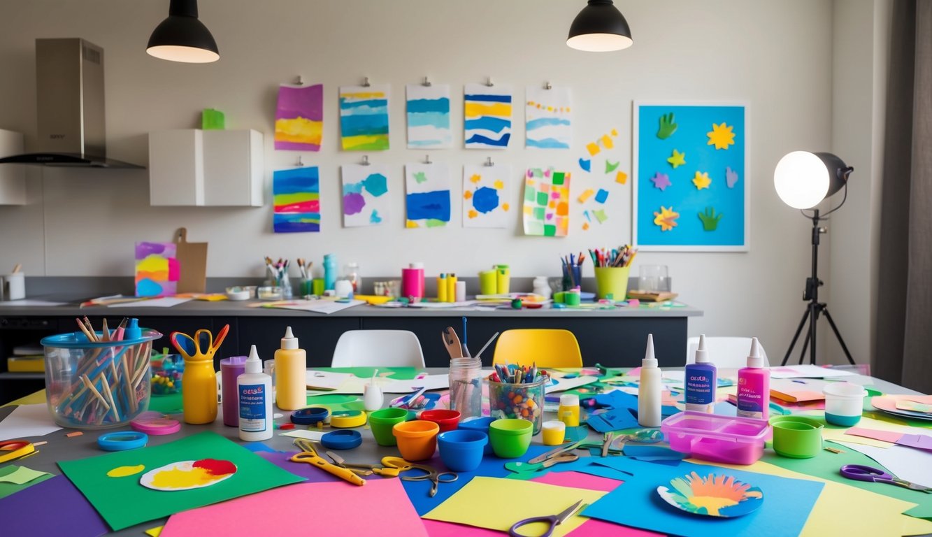 Een tafel vol knutselmaterialen met voltooide kunstwerken zichtbaar aan de muur