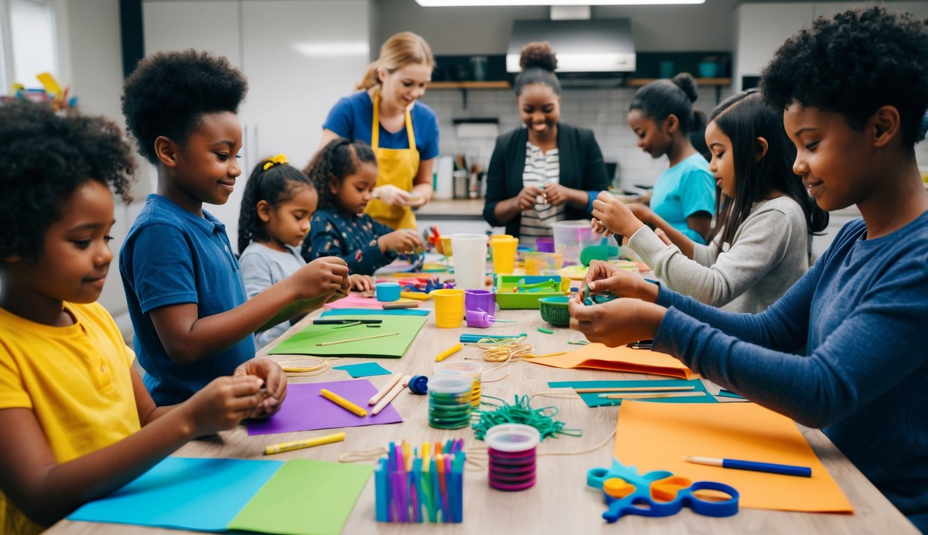 Een groep handen bezig met verschillende creaties, omringd door kleurrijke materialen