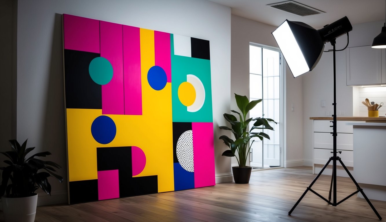 Een levendig popart schilderij met gedurfde, contrasterende kleuren en grafische elementen