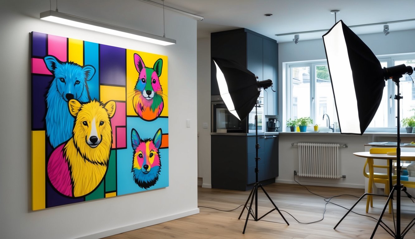 Een levendig popart-schilderij van dieren in felle kleuren en grafische vormen