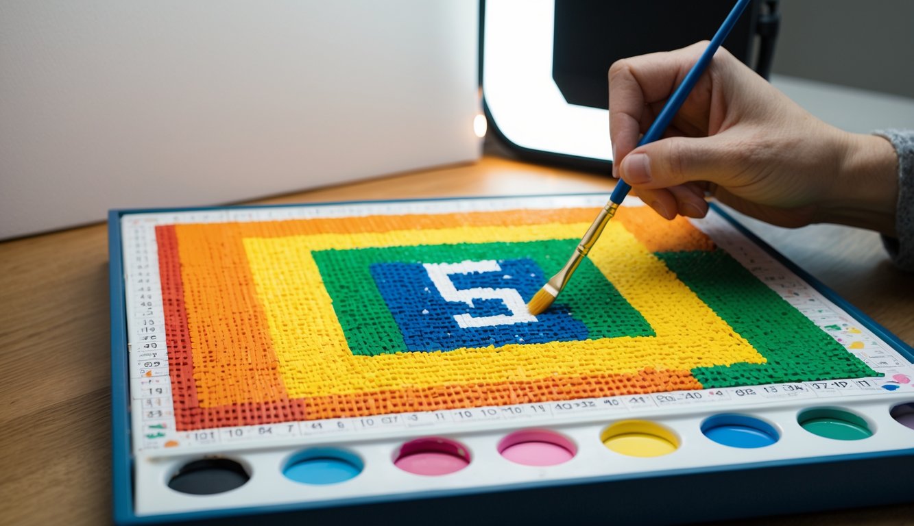 Een kleurrijk schilderij-naar-nummer canvas met een enkele genummerde sectie die wordt ingevuld met een penseel