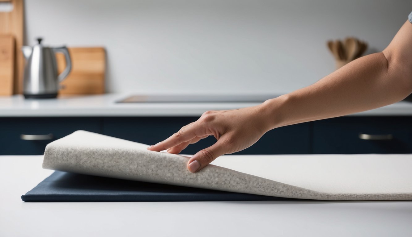 Een hand die een gladdoek, zonder rimpels, op een vlakke ondergrond drukt