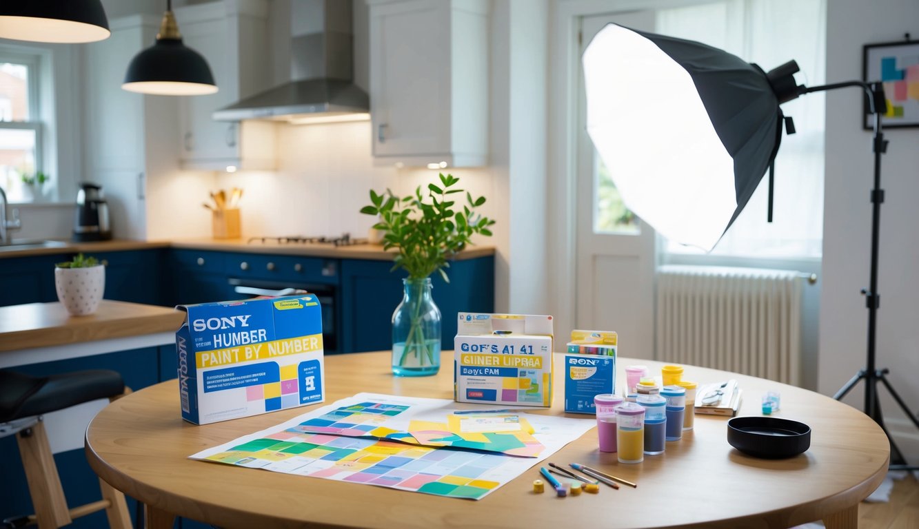 Een goed verlichte kamer met verf-naar-nummer benodigdheden op een tafel