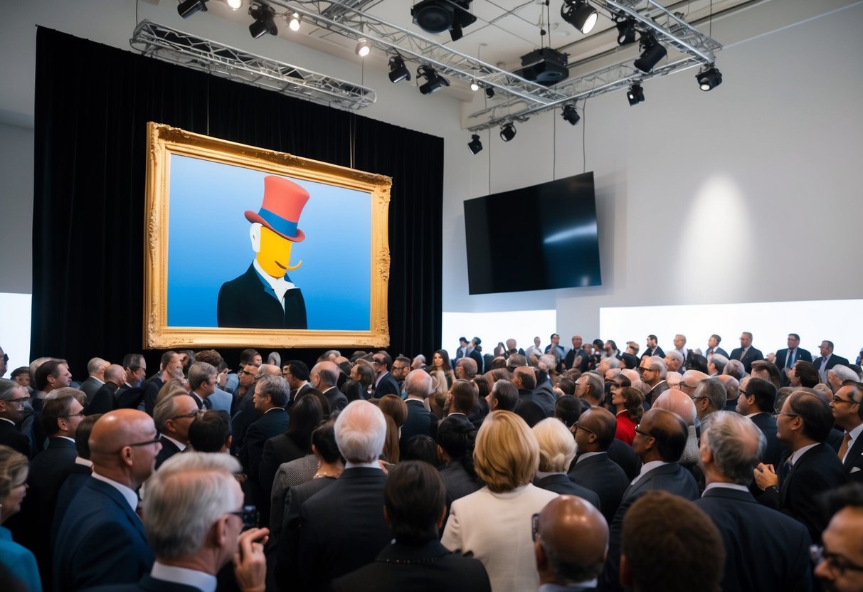 een drukke veilingzaal, met een Magritte-schilderij dat op een groot scherm wordt weergegeven, terwijl de biedoorlog de prijs naar een recordbrekende $121 miljoen drijft.