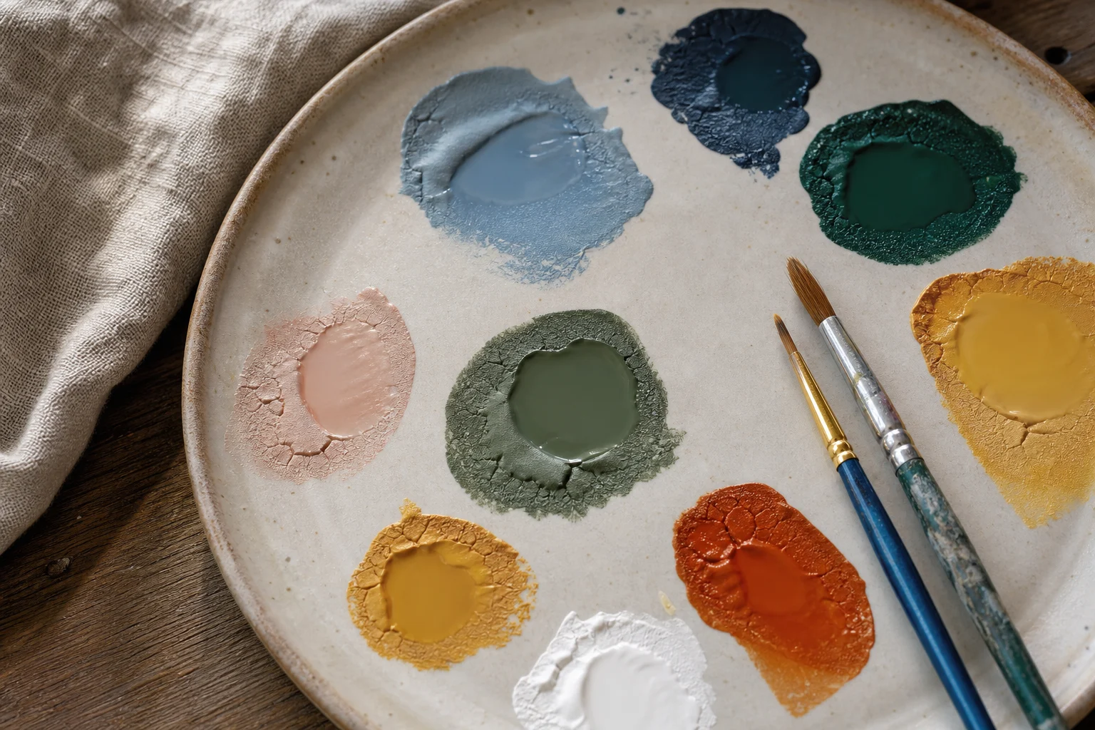 Acrylpalet met verf waarvan de dunne randen in warm atelierlicht zichtbaar eerder drogen dan het midden