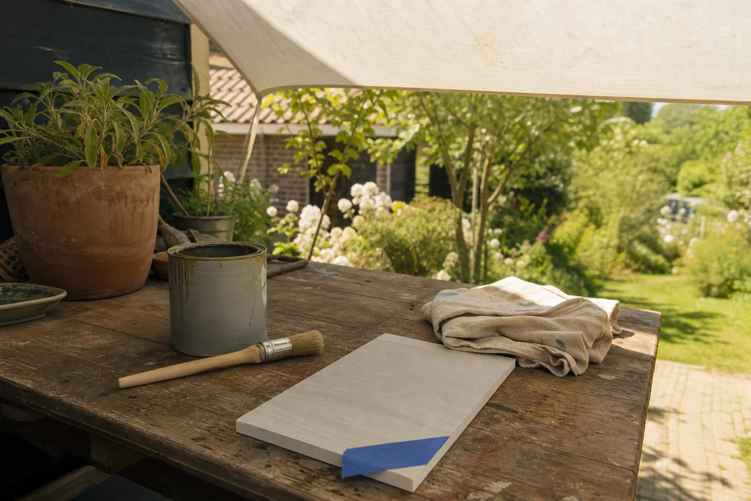 Verfblik, schaduwdoek en klein proefvlak op een houten werktafel met warm zonlicht net buiten het werkgebied