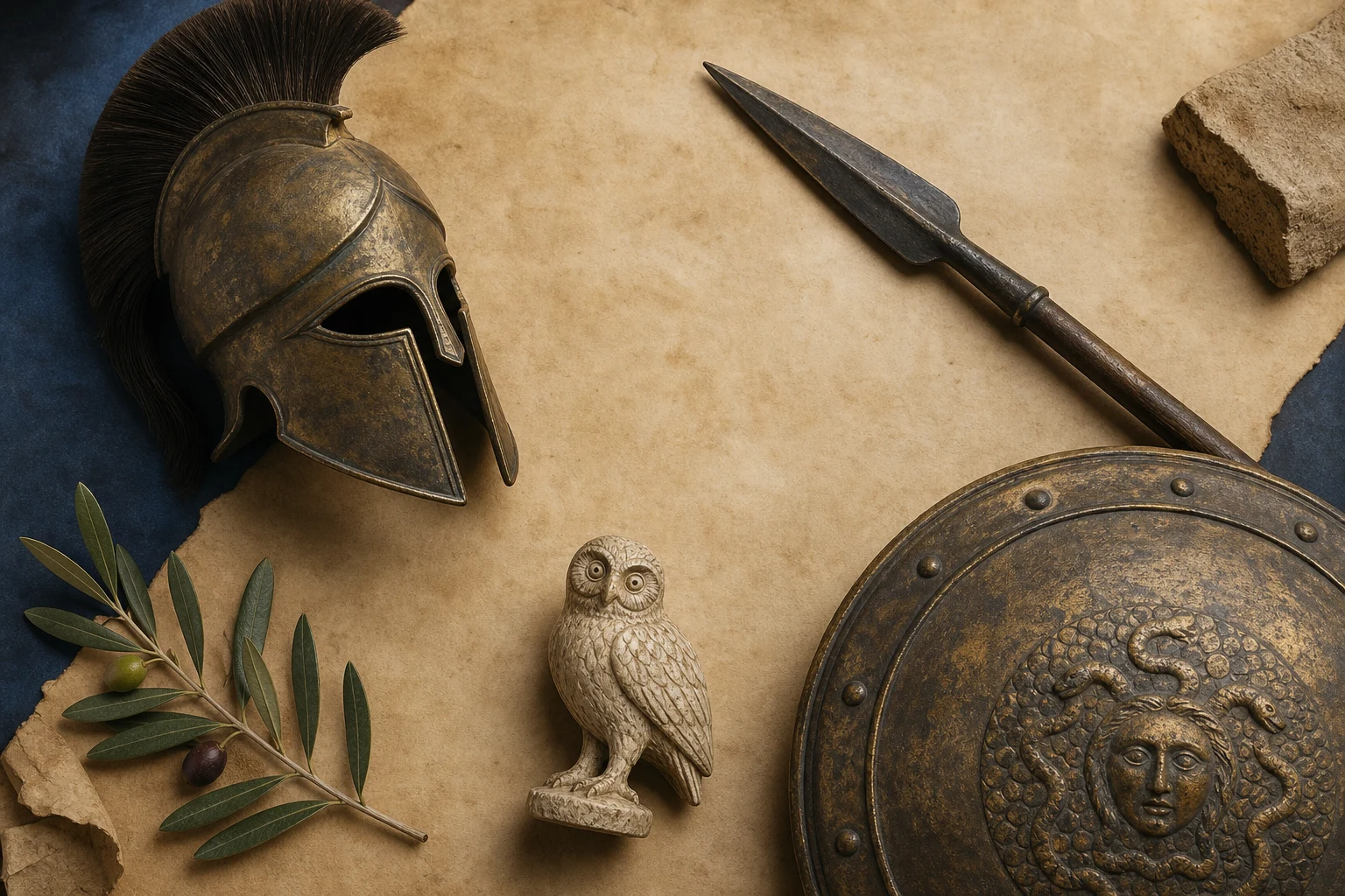 Museale studie van Athena met helm, uil en olijftak