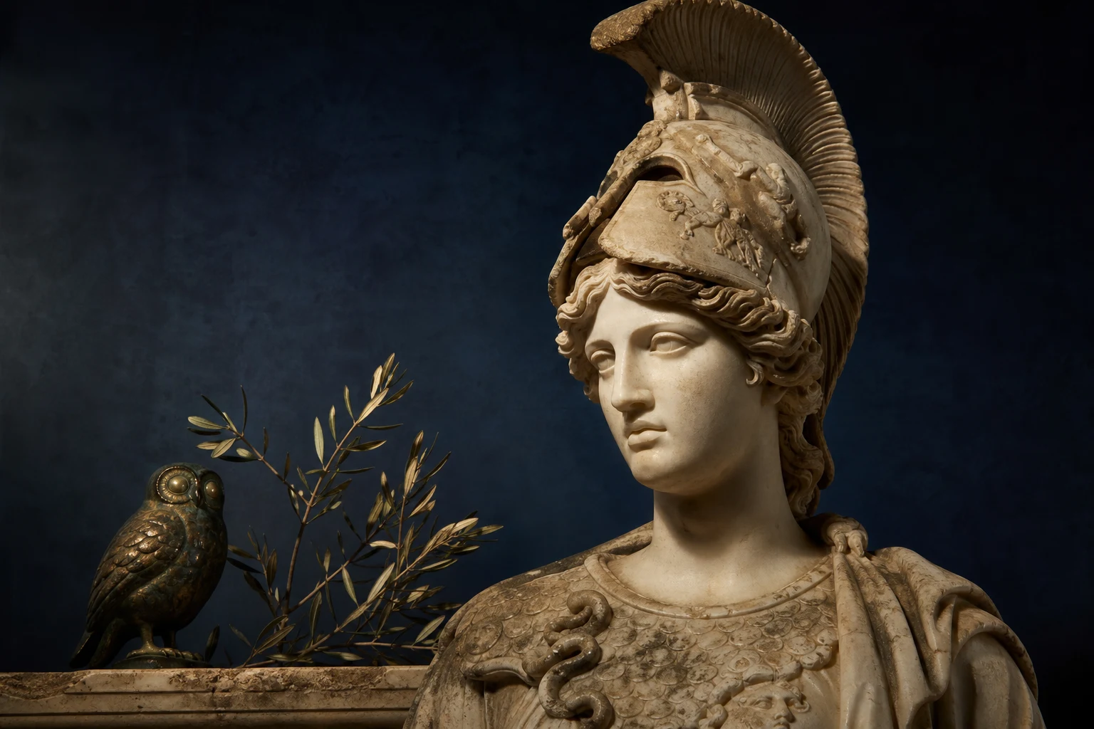 Atelierstudie voor een schilderij van Athena in oker en diepblauw
