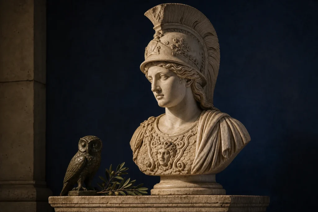 Athena in museale setting met helm en uil