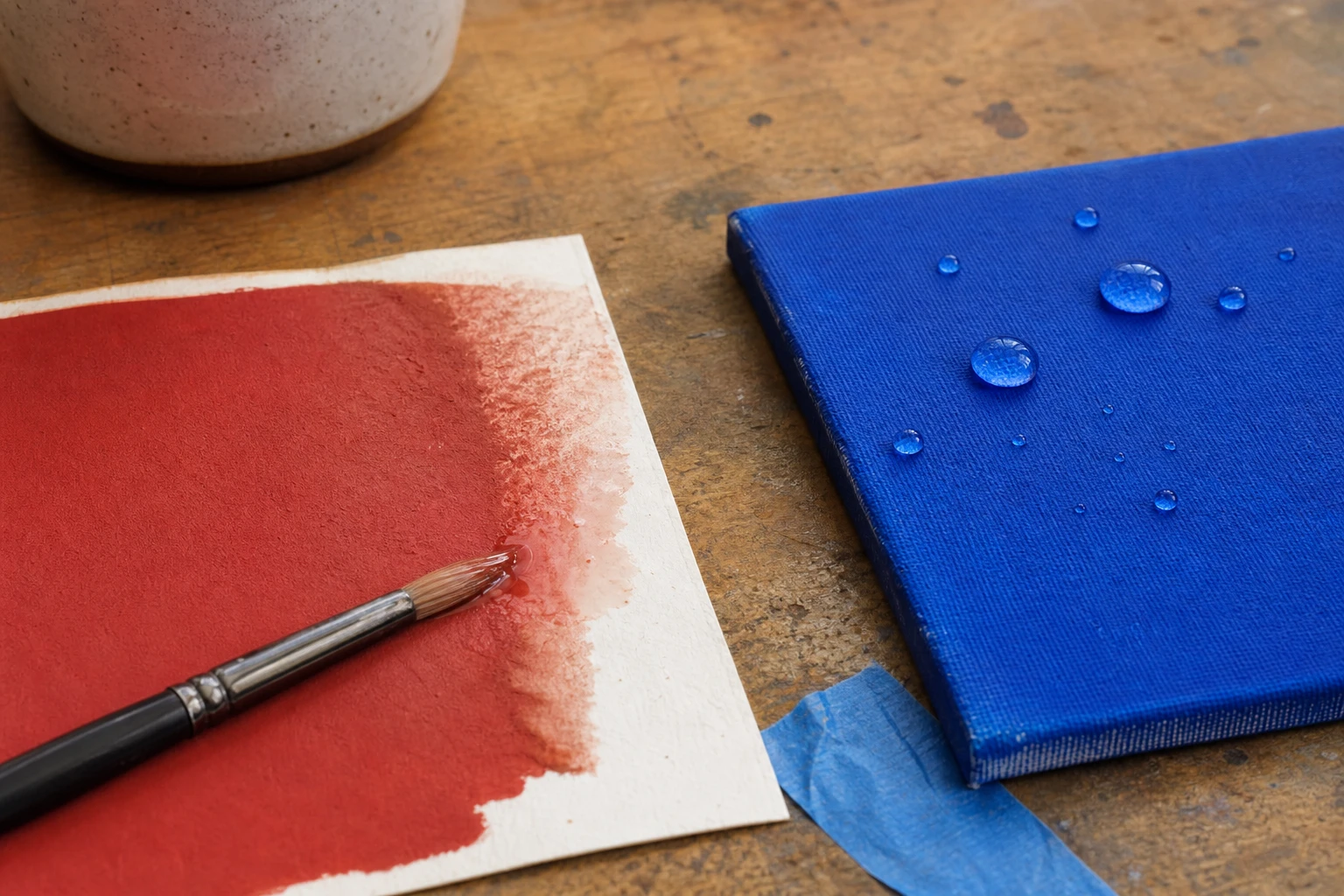 Matte rode plakkaatverf op papier naast opgedroogde blauwe acrylverf met waterdruppels op canvas