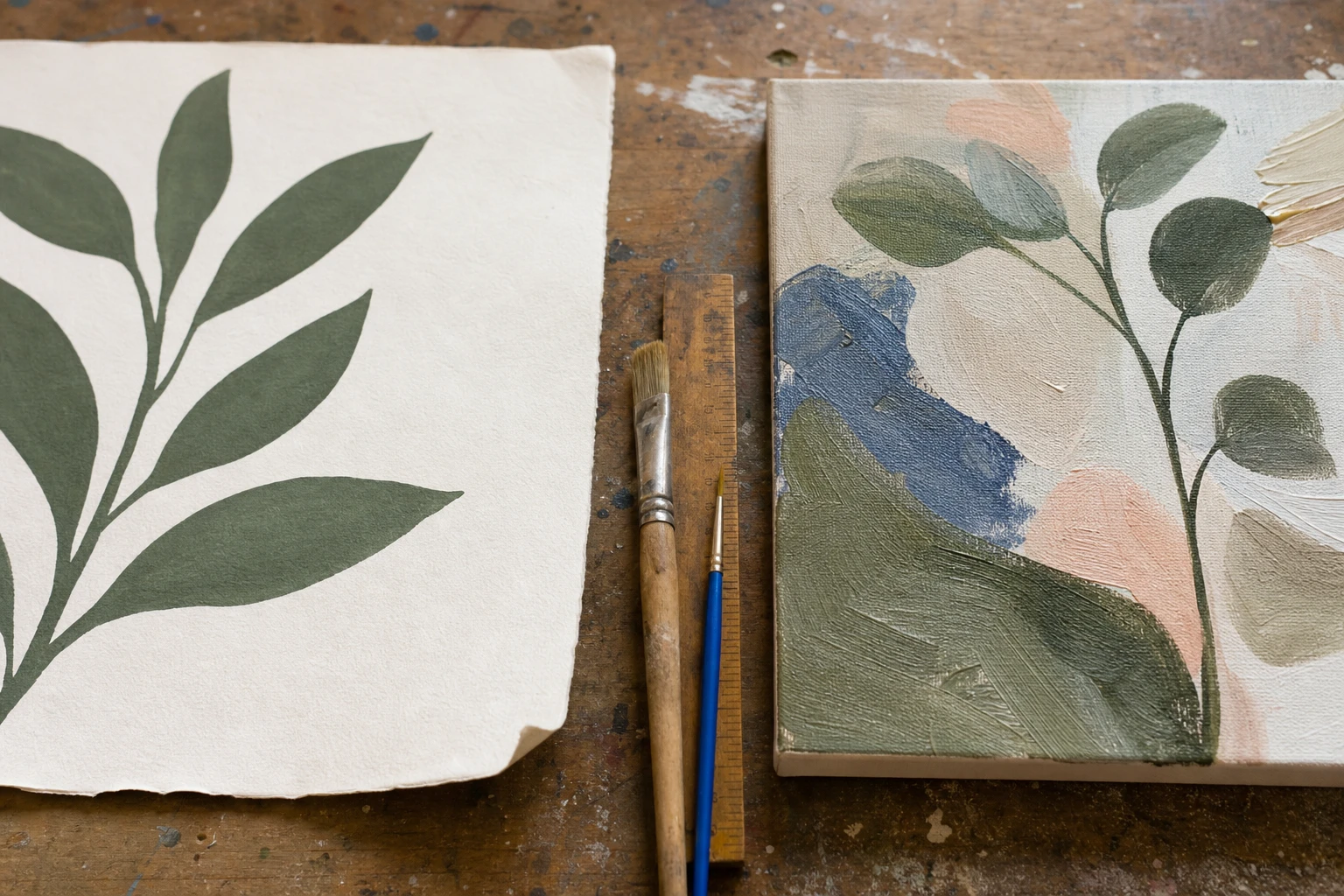 Vlak botanisch motief met matte plakkaatverf op papier naast gelaagde acrylverf op canvas
