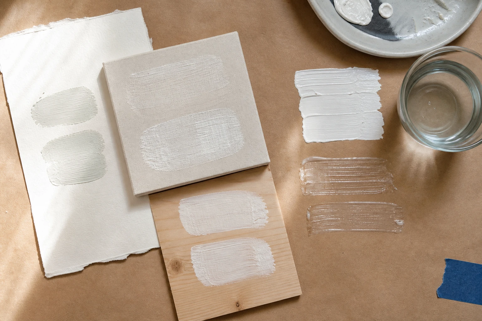 Papier, canvas en hout met matte en gelaagde witte verftesten op een atelierwerktafel