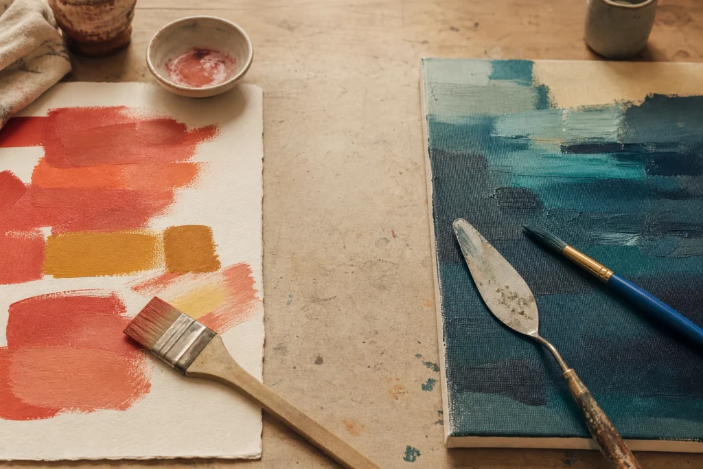 Matte plakkaatverf op zwaar papier naast gelaagde acrylverf op canvas in één atelierbeeld
