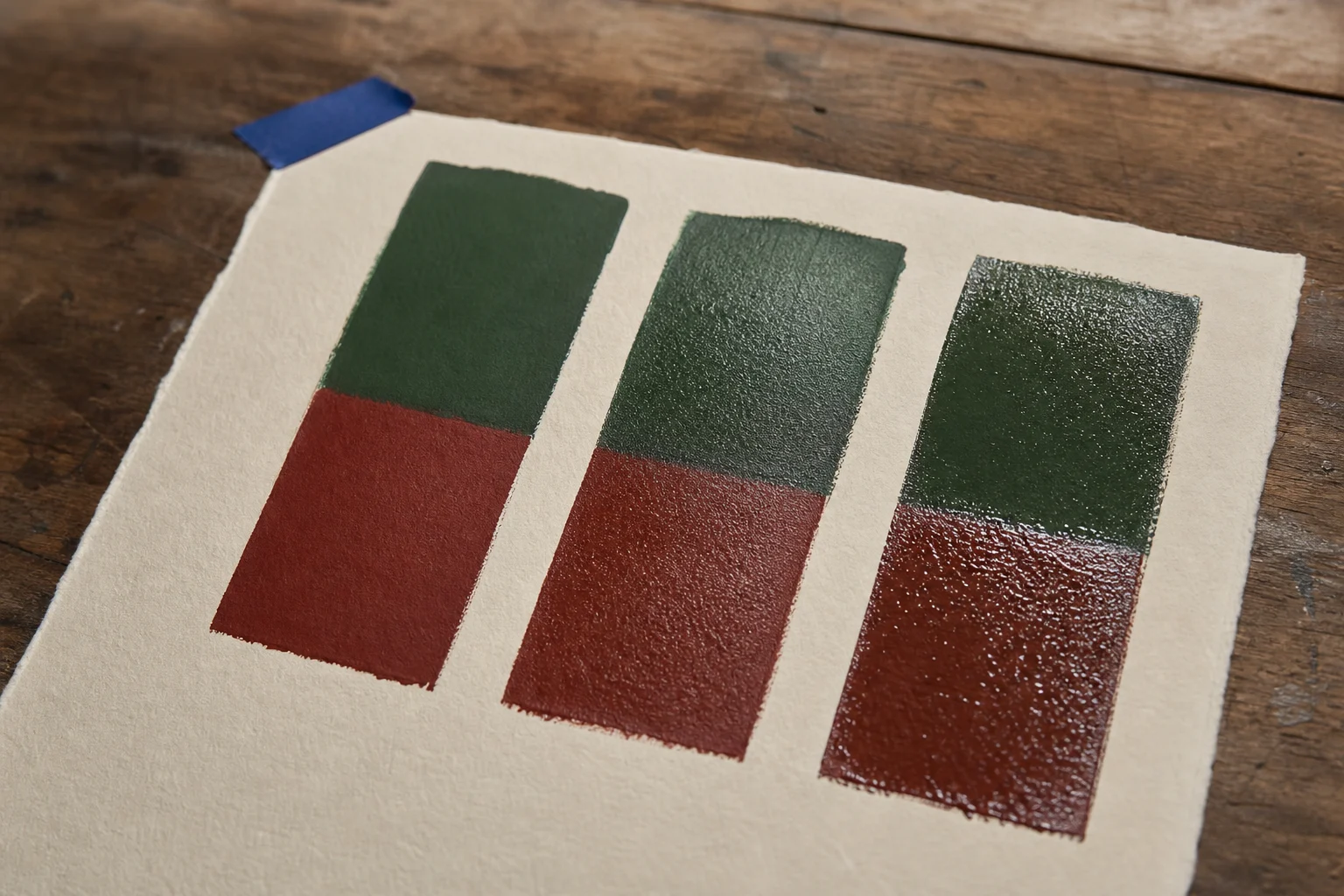 Drie acrylverfproeven met matte satijnen en glanzende vernis in hetzelfde zijlicht