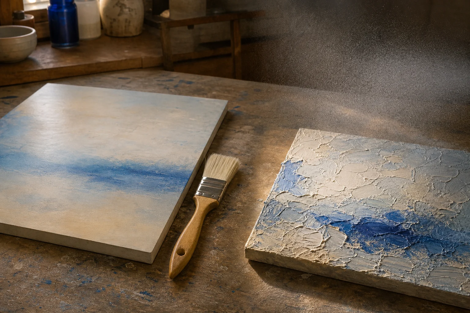 Vlak acrylschilderij met zachte vernisborstel naast een reliëfproef voor sprayvernis