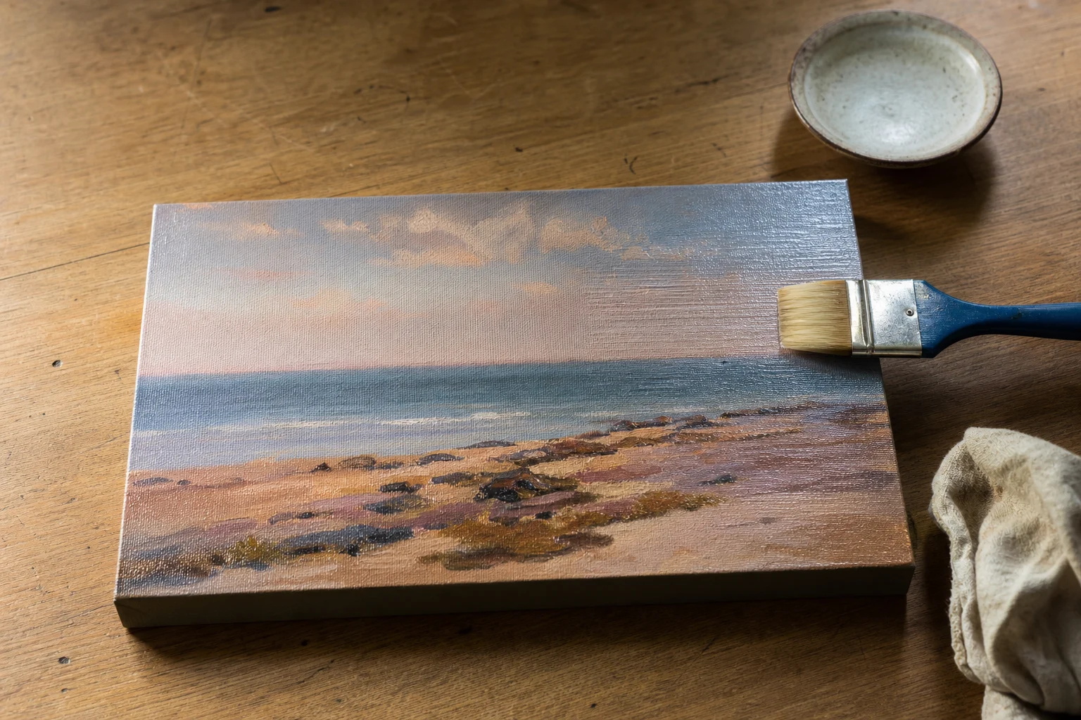 Acrylschilderij plat op een stofvrije tafel terwijl vernis in één richting wordt aangebracht