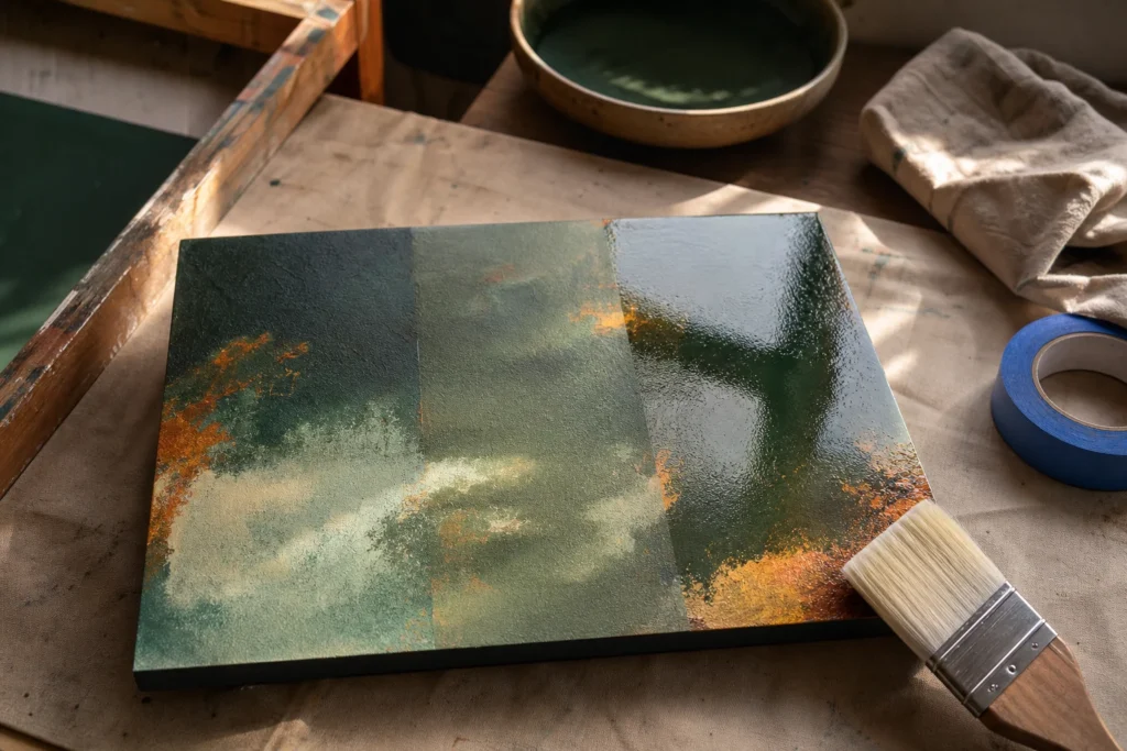 Acrylpaneel met matte satijnen en glanzende vernisproef op een houten ateliertafel