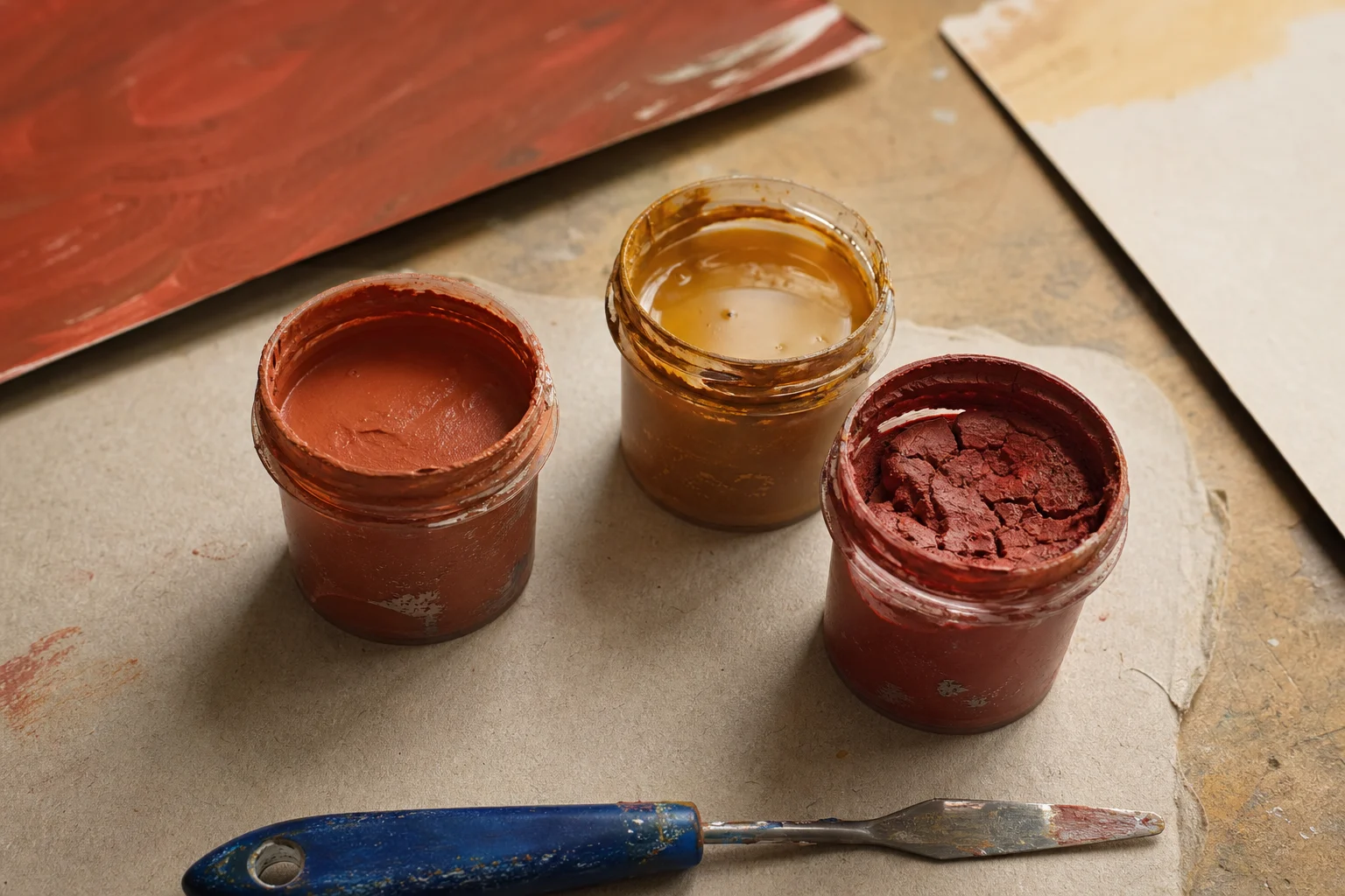 Drie geopende potjes acrylverf met glad, gescheiden en uitgehard verfmateriaal op een atelierblad
