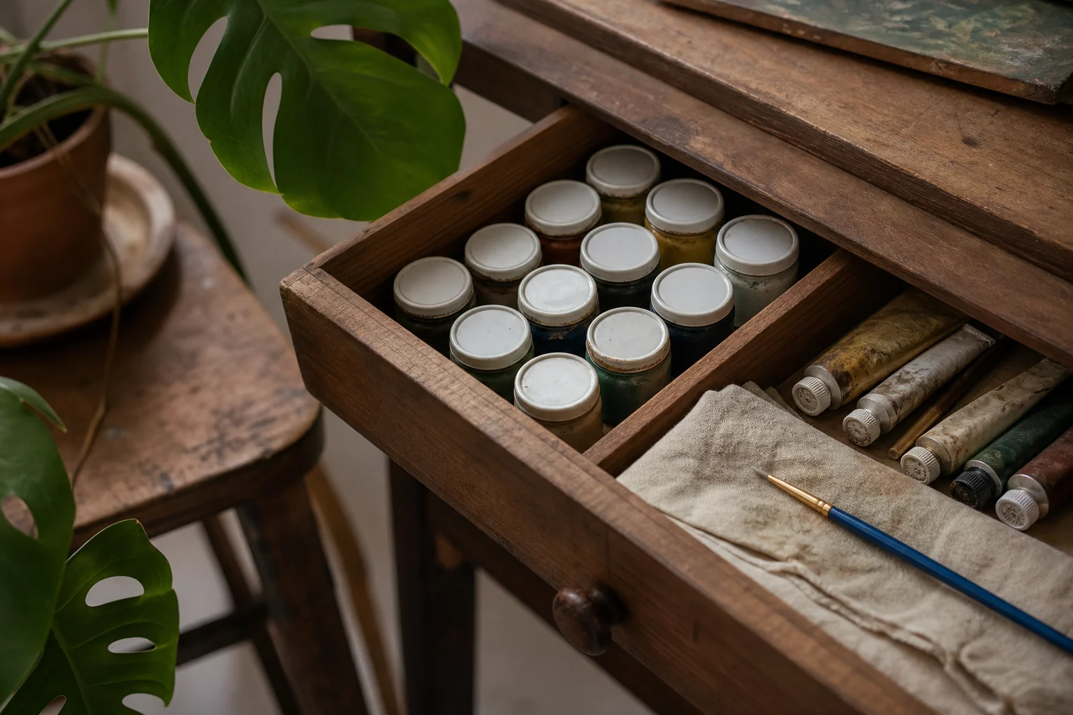 Kleine goed gesloten verfpotjes in een matte houten atelierlade met kobaltblauw penseeldetail