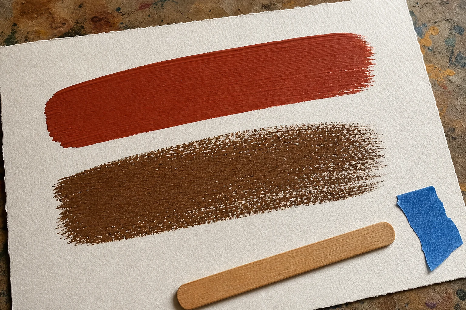 Matte proefstroken acrylverf op papier met een gladde en een korrelige gedroogde verflaag
