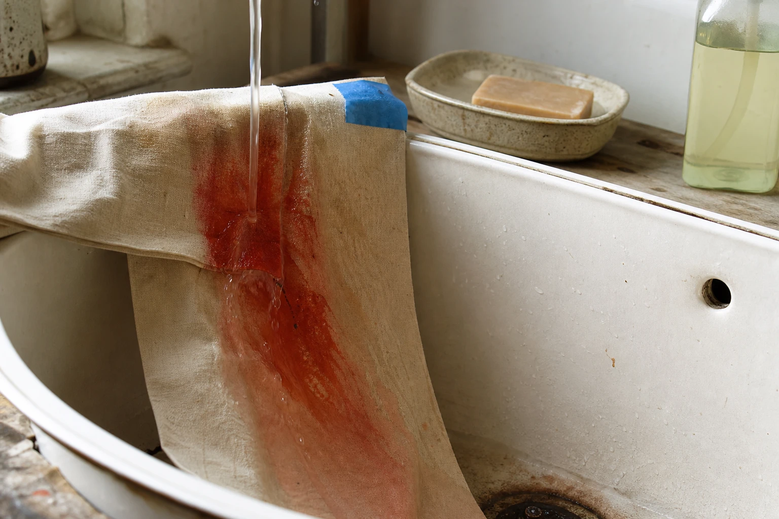 Verse rode acrylverfvlek die vanaf de achterkant met koud water uit linnen wordt gespoeld