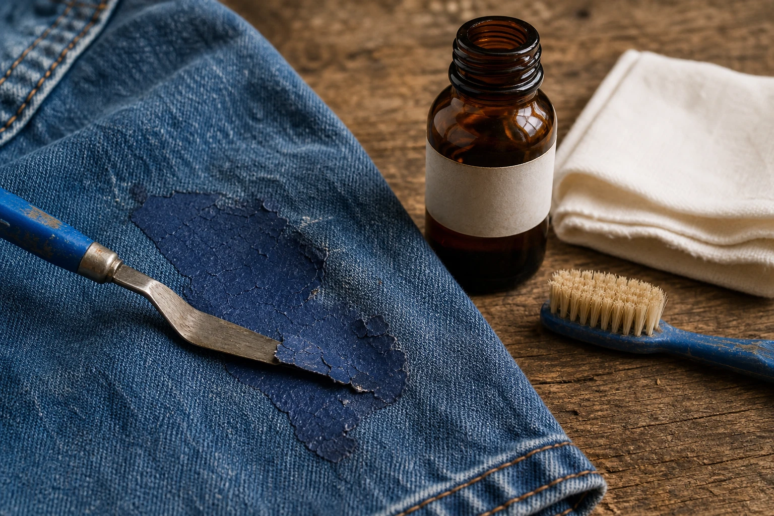 Uitgeharde blauwe acrylverf op denim naast een bot paletmes, zachte borstel en flesje isopropylalcohol