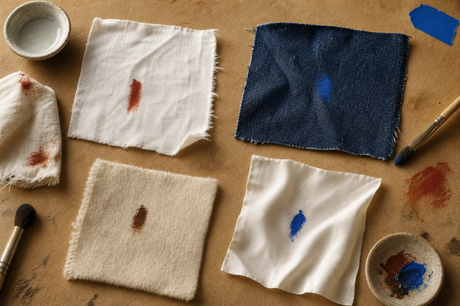 Katoen, denim, wol en zijde met kleine verftesten op een matte atelierwerktafel