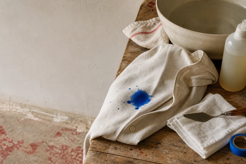 Bevlekte katoenen doek bij een matte atelierwasbak met lepel en koud water